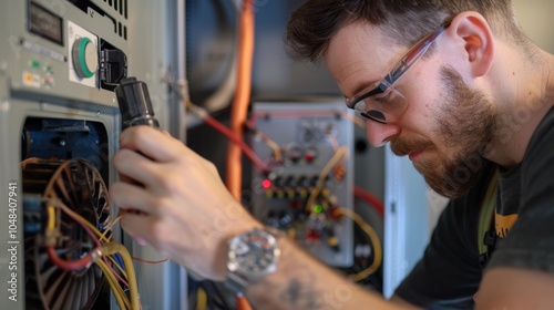 An HVAC technician testing the new air conditioning system in one of the renovated offices. photo