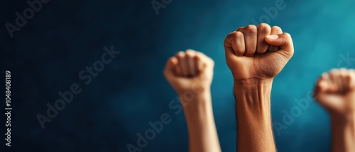 Multiple raised fists against a moody background, symbolizing unity and resistance.