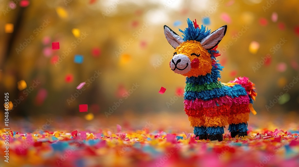 Naklejka premium Festive Llama Piñata in a Colorful Confetti Wonderland