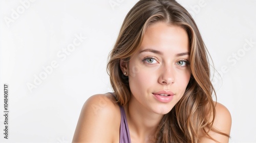 Natural portrait of a young woman with long hair against a white background