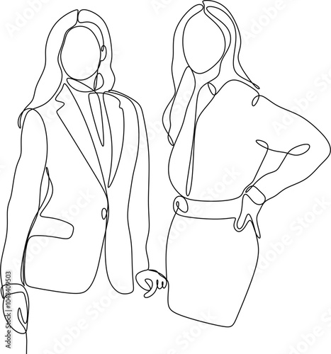 Line drawing of business lady. Single line drawing of group of standing businessmen and women, continuous line drawing of people working together in office.