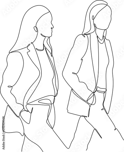 Line drawing of business lady. Single line drawing of group of standing businessmen and women, continuous line drawing of people working together in office.