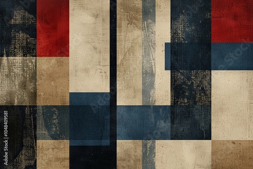 Abstract Geometric Background of Textured Blocks in Earthy Tones with Bold Red and Deep Blue Accents, Ideal for Modern Art Designs and Digital Projects