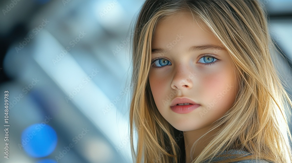 Fototapeta premium The girl, with her beautiful long blonde hair, stands in a serene setting, her expressive blue eyes focused and thoughtful, reflecting a moment of contemplation