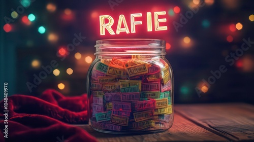 A glass jar filled with colorful raffle tickets sits on a wooden table with a neon sign reading 'RAFIE' above it.