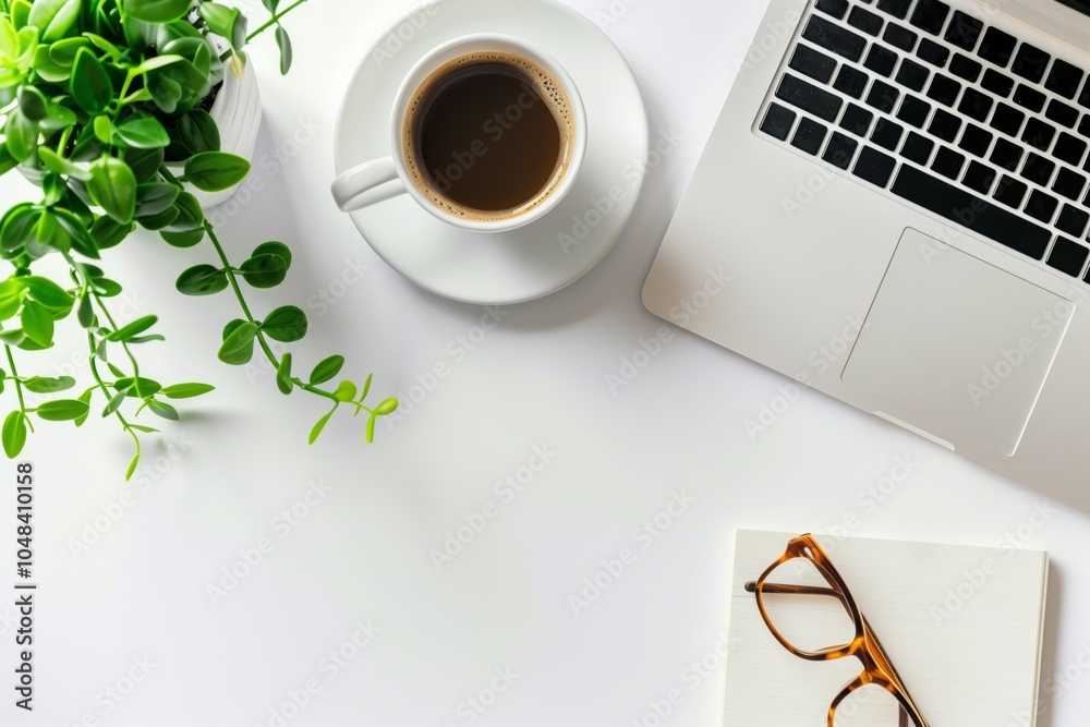 Top view banner with laptop, cup of coffee and glasses on a white background with space for text. Top view banner with laptop, cup of coffee and glasses on a white background with space for text.