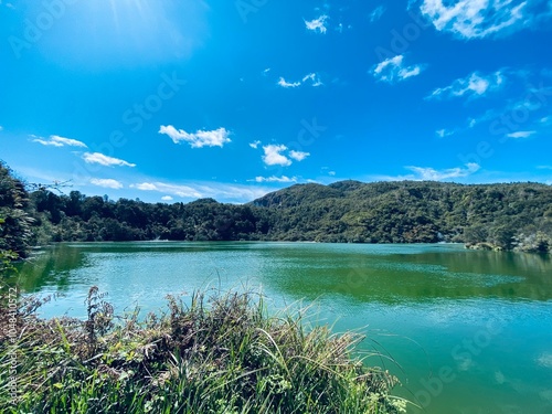 Beautiful panoramic views of Warm Lake Rotowhero or Green Lake , Waimangu, Waikato, New Zealand  photo