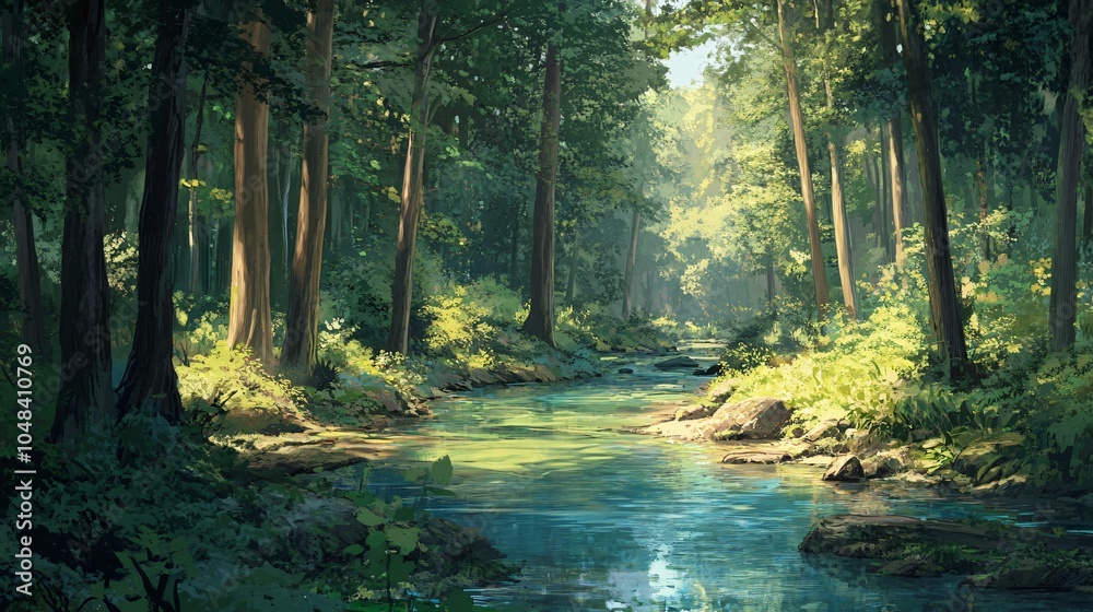 Fototapeta premium Serene Forest Stream with Sunlight Filtering Through the Trees