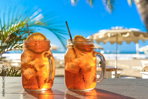 Fototapeta Naklejka Na Ścianę i Meble -  two aperol spritz cocktails on the beach in summer