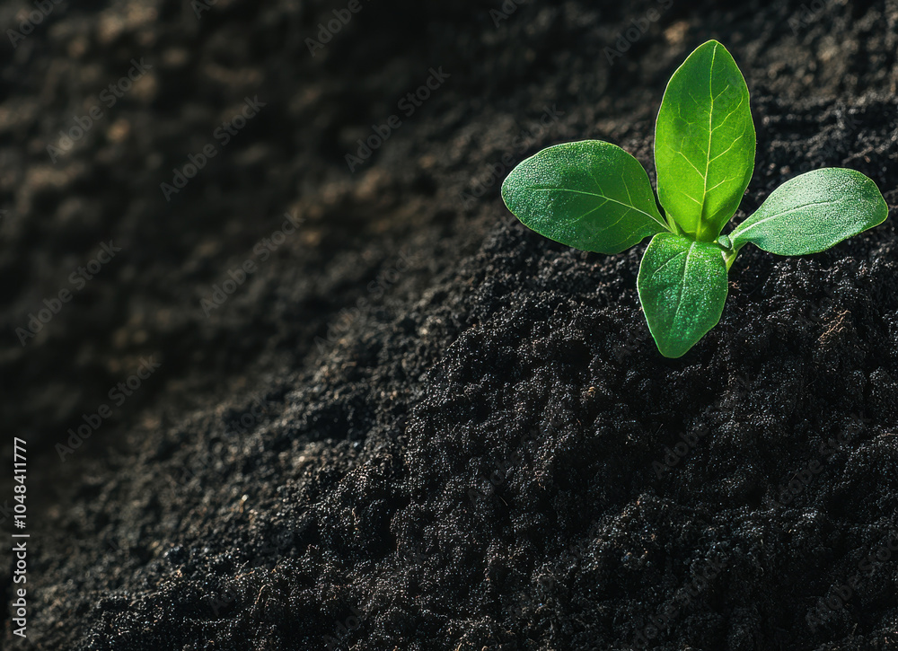 Naklejka premium small green plant sprouts from rich, dark soil, symbolizing growth and new beginnings. vibrant leaves contrast beautifully with earthy background, evoking sense of hope and renewal