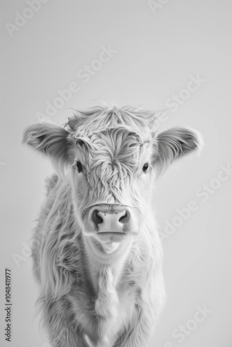 Adorable Black and White Portrait of a Young Calf with Soft Features and Expressive Eyes, Capturing the Charm and Innocence of Farm Life.