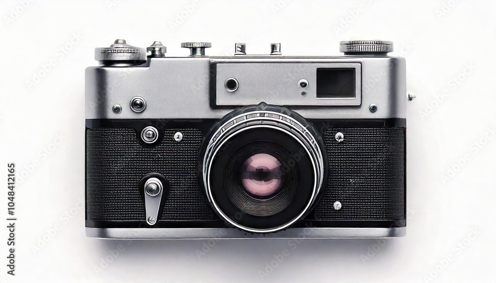  Front view of soviet black film camera isolated on white background.
