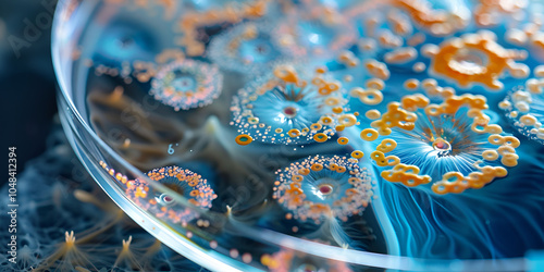 Detailed Image of Bacterial Colonies in Petri Dish, Microbiology Study of Bacterial Growth on Petri Dish Surface