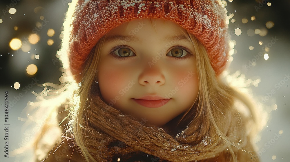 A young girl with bright, sparkling eyes smiles warmly while surrounded by gently falling snowflakes. She is bundled up in a cozy hat and scarf, radiating joy A young girl with bright, sparkling eyes smiles warmly while surrounded by gently falling snowflakes. She is bundled up in a cozy hat and scarf, radiating joy