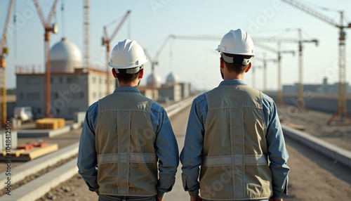 Two young male architects on a construction site standing with their backs to the camera, industrial background