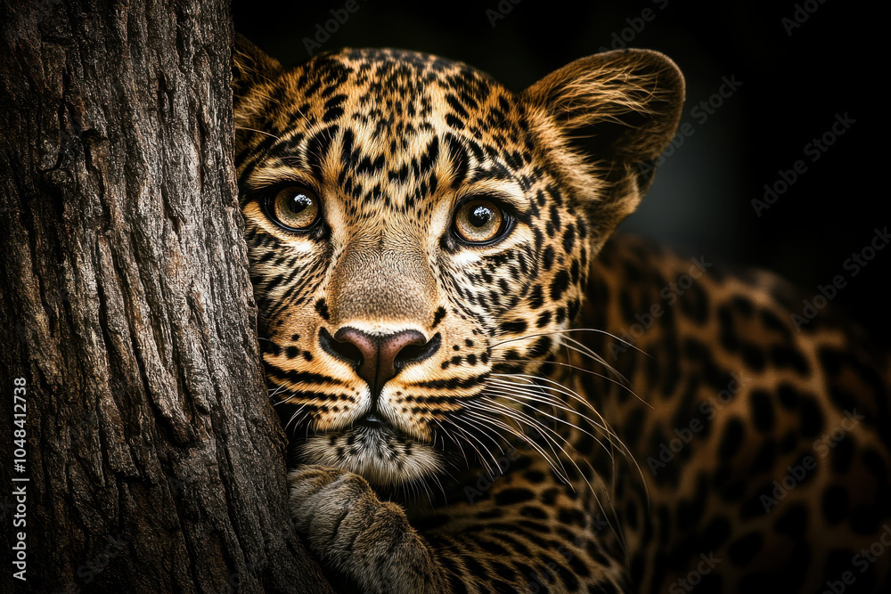 Fototapeta premium close up of leopard resting against tree, showcasing its striking fur pattern and expressive eyes. image captures beauty and intensity of this majestic animal in serene moment