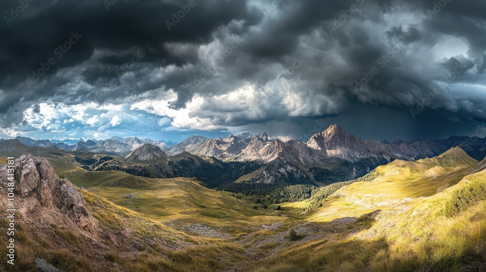 A dramatic sky with storm clouds rolling in over jagged mountain ranges, creating a powerful contrast between light and shadow A dramatic sky with storm clouds rolling in over jagged mountain ranges, creating a powerful contrast between light and shadow