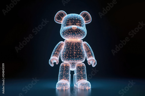 3D wireframe bear toy model with glowing effects on a dark background and copy space