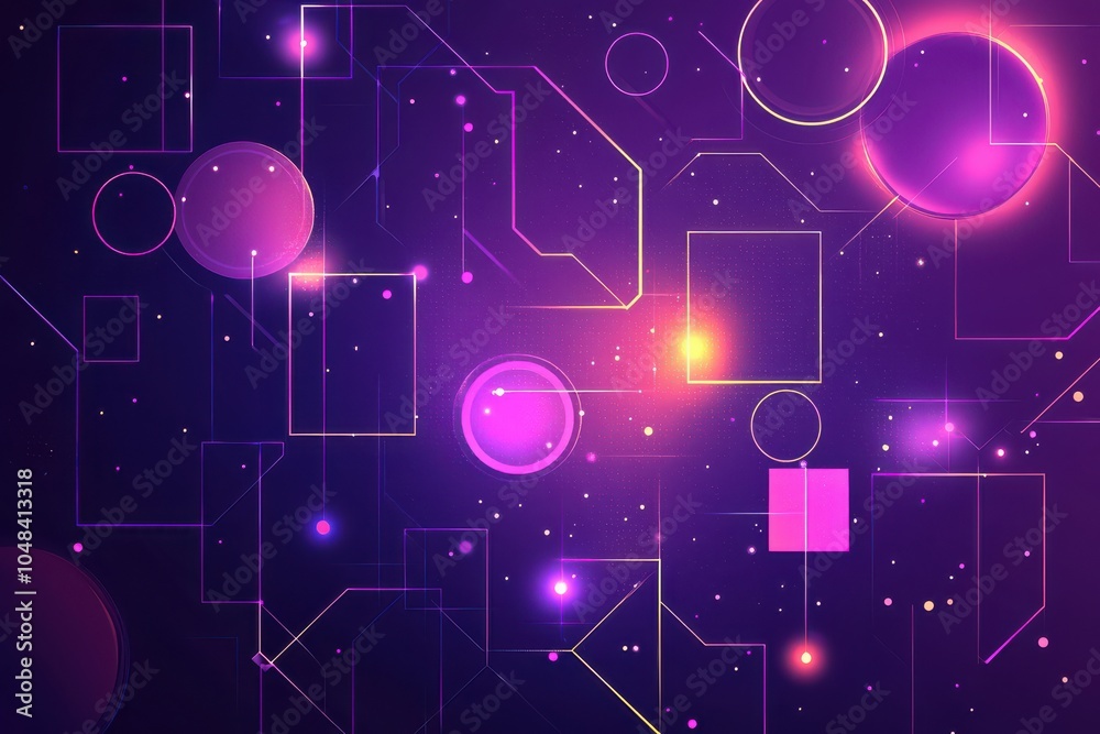 Fototapeta premium Abstract geometric line art with purple and white shapes on a deep purple background, featuring circles, squares, and lines in a modern and minimalist style