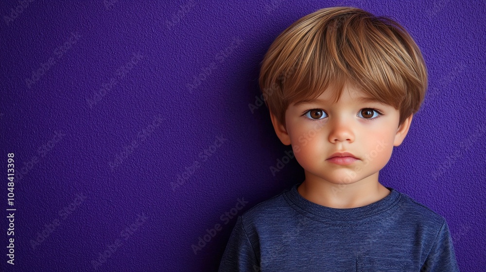 Naklejka premium A young boy exhibits a contemplative look while leaning lightly against a bright purple wall. Soft natural light casts a gentle glow, enhancing his features