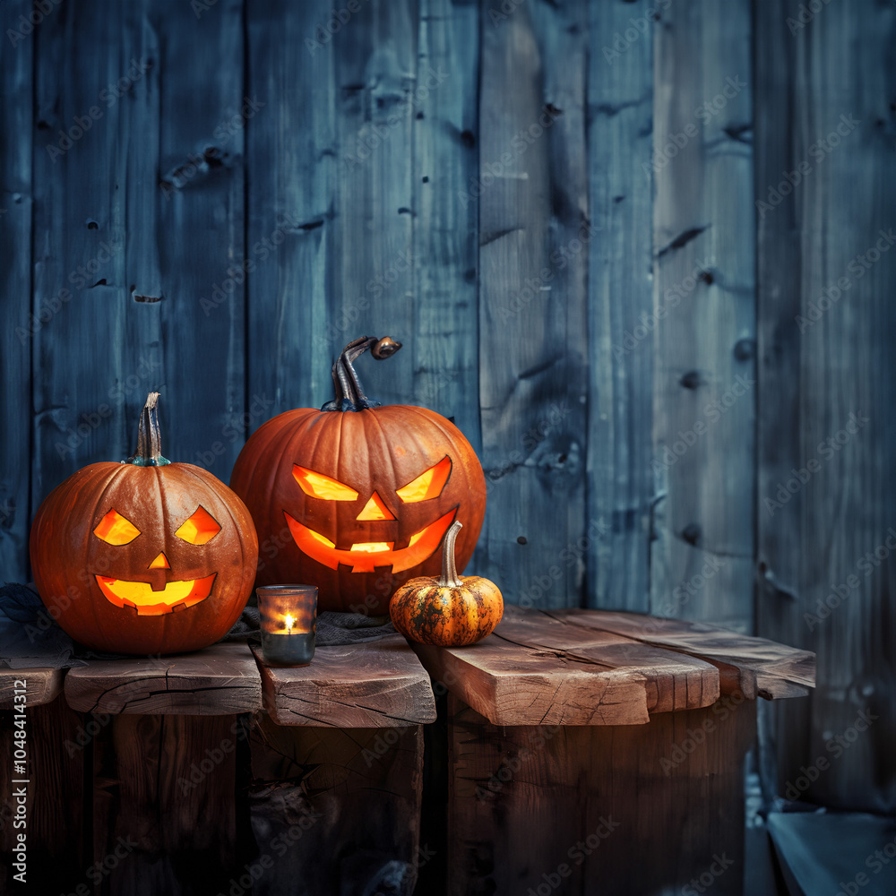 Obraz premium Still life with two shining carved Halloween pumpkins on wooden board surface and background. Concept of Halloween celebration, Trick or Treat and season.