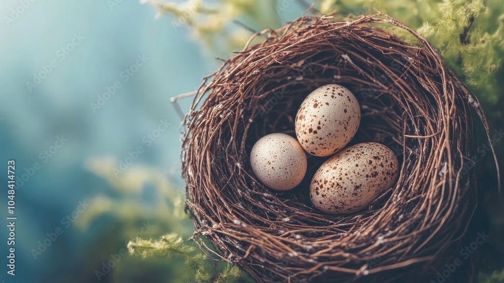 Three speckled eggs in bird's nest on leafy branch Three speckled eggs in bird's nest on leafy branch