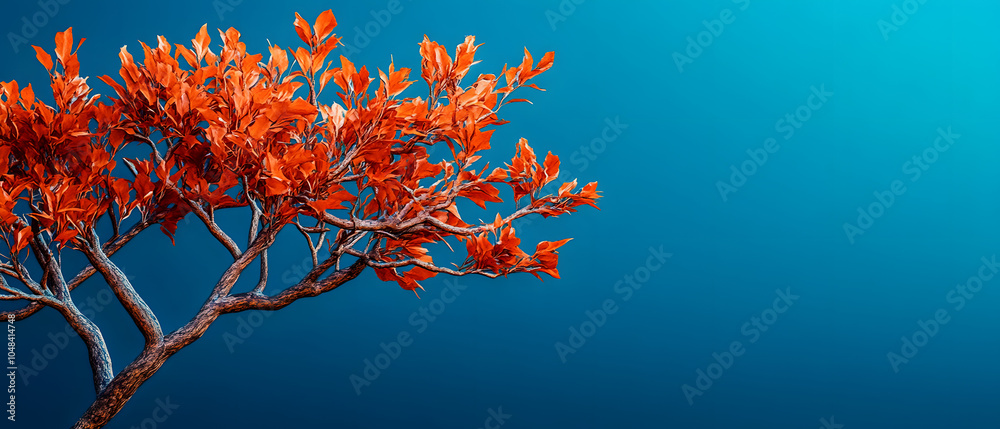 An orange-red branched tree against a blue backdrop, featuring a blue sky in the distance An orange-red branched tree against a blue backdrop, featuring a blue sky in the distance