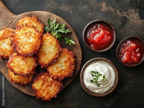 Latkes served on a wooden board, with bowls of sour cream and applesauce beside. Rustic table setting, warm lighting. Hanukkah theme, ample copy space. photo