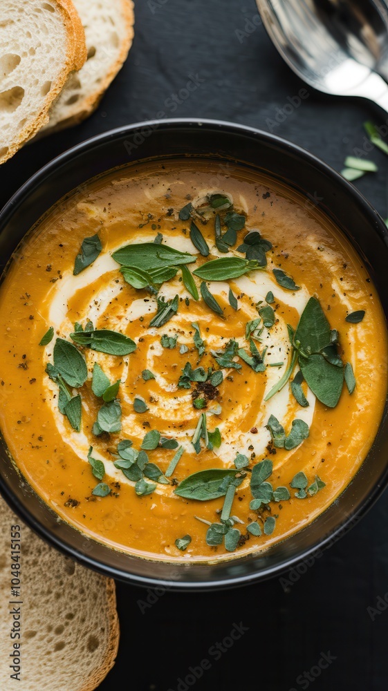 Close-Up of Creamy Orange Soup with Fresh Herbs