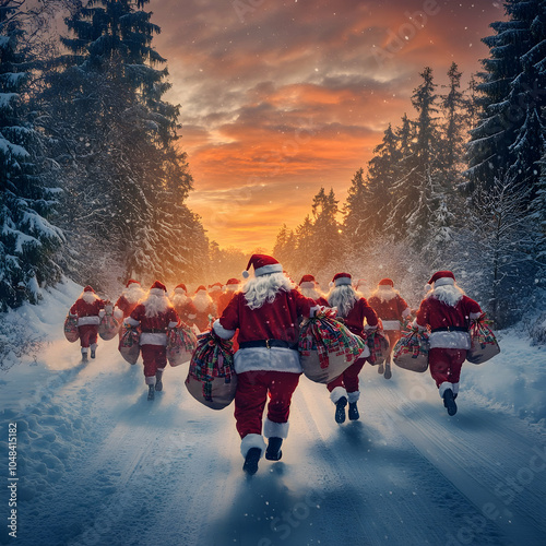 Large group of Santa Clauses with gifts running on the road in winter forest covered with snow. Concept of Christmas celebration, tradition and winter season.