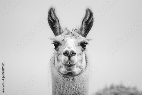 Close-Up of a Llamas Face in Black and White, Showcasing Its Unique Expression and Distinctive Ears Against a Soft, Blurred Background