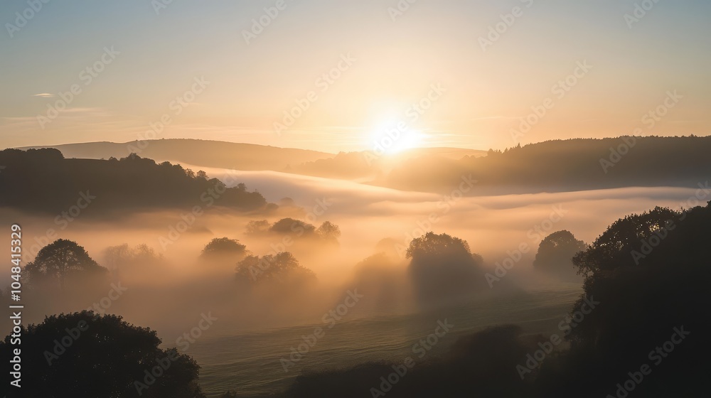 Obraz premium A foggy morning sky with faint sunlight breaking through the mist, casting a diffused glow over the landscape below