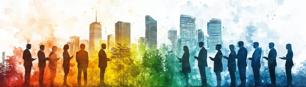 Vibrant Watercolor Skyline with Silhouettes Vibrant Watercolor Skyline with Silhouettes