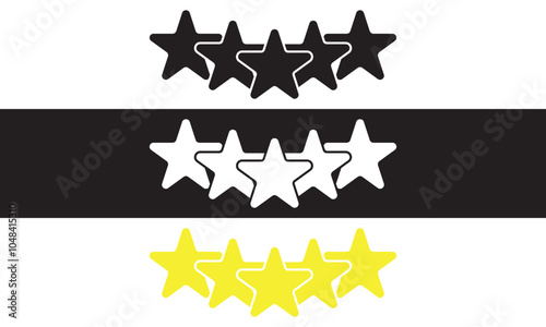 Five stars customer product review icon. yellow, white and black 5 star rating feedback for website, app, UI design. isolated on white and black background. Vector illustration. EPS 10