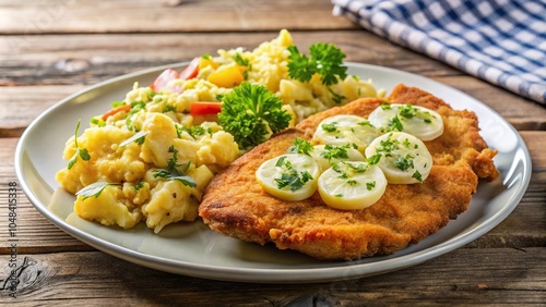 Traditional Austrian dish of schnitzel with potato salad served in a tilted angle