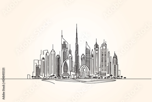  line drawing of Modern cityscape. buildings isolated minimalistic illustration.
