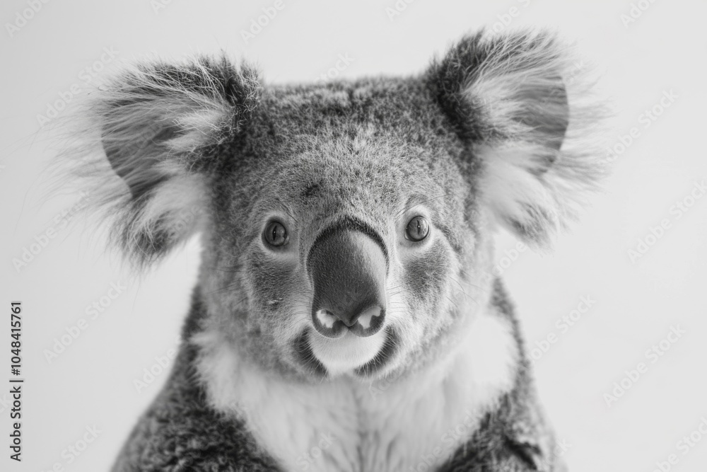 Close-up of an adorable koala in black and white, showcasing its fluffy ears and unique features, perfect for nature-themed projects and wildlife appreciation. Close-up of an adorable koala in black and white, showcasing its fluffy ears and unique features, perfect for nature-themed projects and wildlife appreciation.