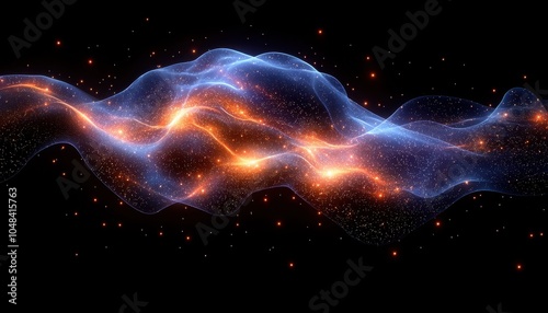 A dynamic wave of glowing light and colors against a black background, suggesting a cosmic or abstract theme.