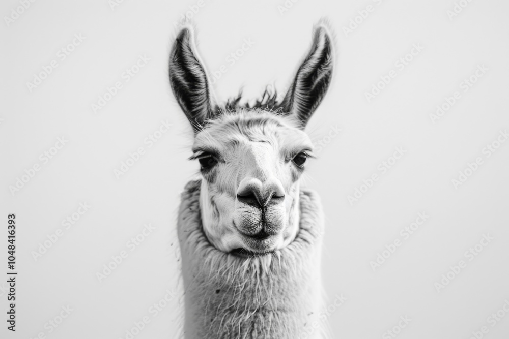 Obraz premium Close-up Portrait of a Llama in Black and White Against a Minimalist Background, Capturing Its Unique Expression and Textured Fur Details.