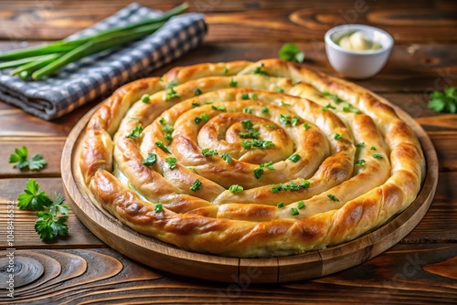 Traditional Bulgarian spiral shape pie with brynza cheese and green onion on brown wooden background photo