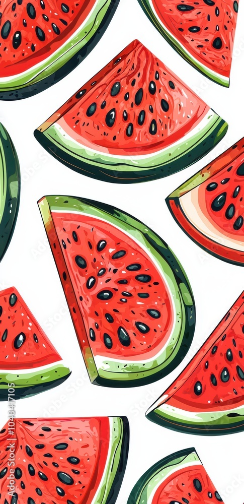 Seamless pattern of vibrant watermelon slices with lush green leaves on a white background, perfect for summer and fruit-themed designs Seamless pattern of vibrant watermelon slices with lush green leaves on a white background, perfect for summer and fruit-themed designs