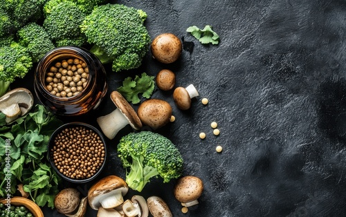 Spermidine Supplement: Dark bottle with spermidine tablets, arranged next to fresh broccoli, wheat germ, and mushrooms, for cellular renewal and longevity support