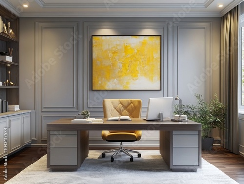 An inspiring study room with light gray walls adorned with lemon yellow artwork photo