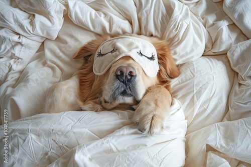 Cozy Golden Retriever Sleeping Peacefully in Bed with Eye Mask, Surrounded by Soft White Bedding, Perfect for Illustrating Pet Relaxation and Comfort. photo