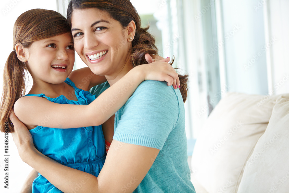Mother, child and portrait with hug on sofa in home for bonding, affection and security with smile. Happy family, woman and girl kid with embrace on couch for connection, love and care in apartment Mother, child and portrait with hug on sofa in home for bonding, affection and security with smile. Happy family, woman and girl kid with embrace on couch for connection, love and care in apartment
