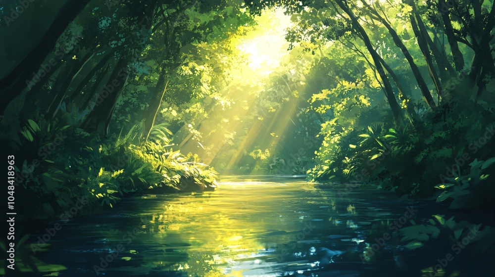 Obraz premium Sunbeams Through Tropical Rainforest