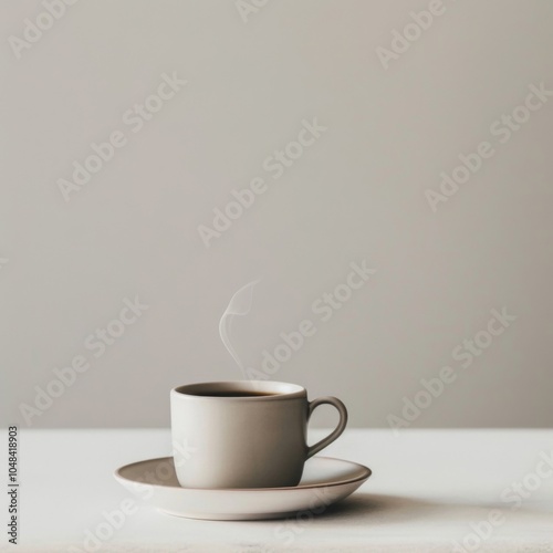 Elegant Minimalist Coffee Cup with Steam on a Simple Saucer Against a Soft Gray Background, Perfect for Cozy and Serene Moments.