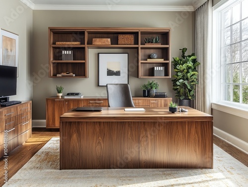 An open-concept home office with modular furniture, a large desk, and smart storage solutions to maximize space and functionality