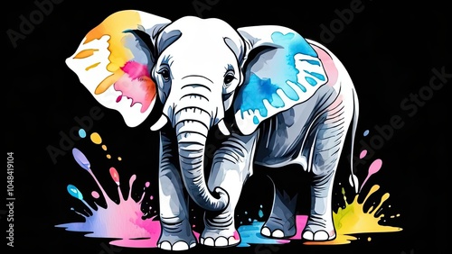 A white elephant with colorful paint splatters on its ears and the ground, creating a vibrant and artistic image photo