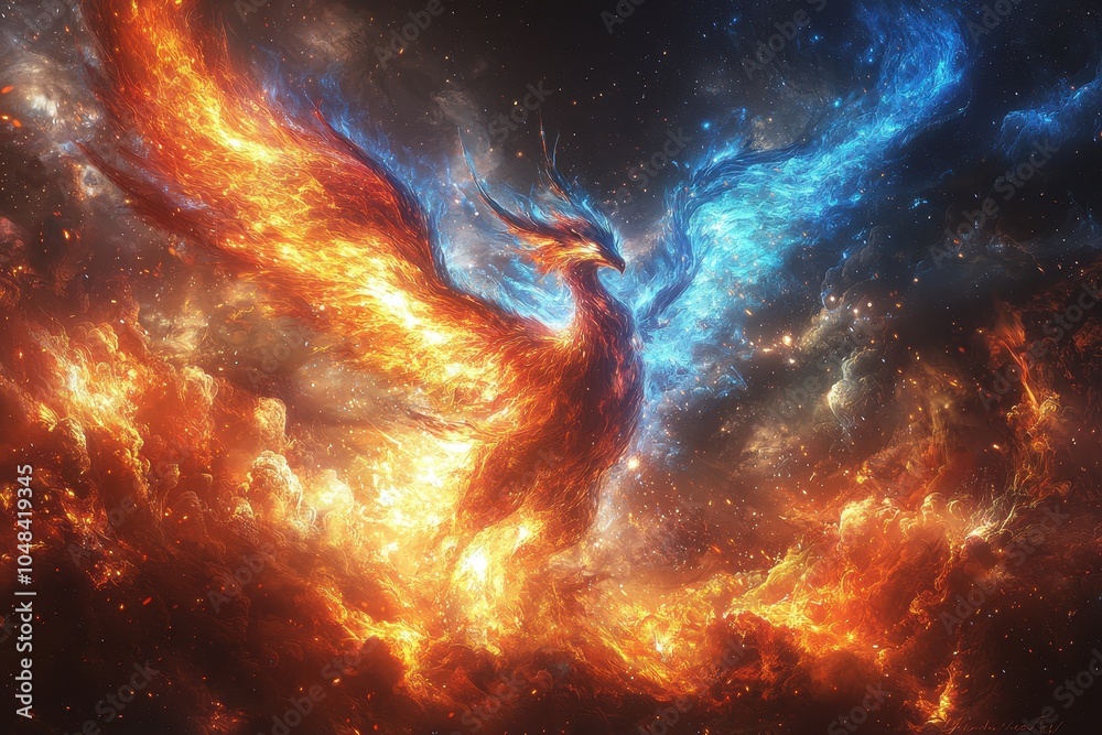 A vibrant, cosmic illustration of a phoenix with fiery orange and cool blue wings soaring through a starry, colorful background. A vibrant, cosmic illustration of a phoenix with fiery orange and cool blue wings soaring through a starry, colorful background.